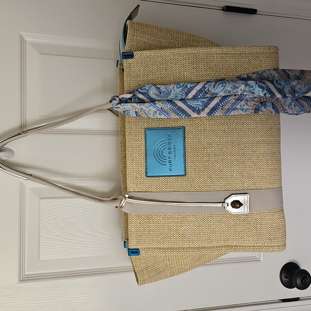 NEW Kurt Geiger Large Southbank Zip Top Shopper: Woven Beige W/ Blue Tones
